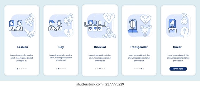 LGBT community includes light blue onboarding mobile app screen. Walkthrough 5 steps editable graphic instructions with linear concepts. UI, UX, GUI template. Myriad Pro-Bold, Regular fonts used