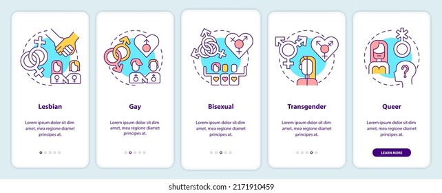 LGBT community includes onboarding mobile app screen. Walkthrough 5 steps editable graphic instructions with linear concepts. UI, UX, GUI template. Myriad Pro-Bold, Regular fonts used