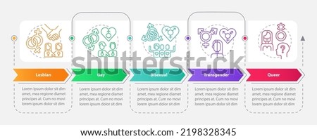 LGBT community includes rectangle infographic template. Data visualization with 5 steps. Editable timeline info chart. Workflow layout with line icons. Myriad Pro-Bold, Regular fonts used