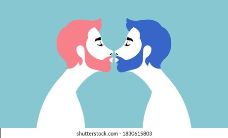 LGBT community. Kiss two guys. Homosexual couple. Concept of free love, relationships, love, romance. Silhouette of two people. Modern vector.