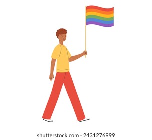 LGBT community. Man gay or bisexual hold rainbow flag. Pride parade. LGBTQ pride month. Vector illustration in flat style 