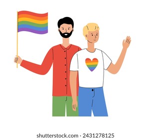 Comunidad LGBT. Hombres gays o bisexuales sostienen la bandera del arco iris. Desfile del Orgullo. Mes del orgullo LGBTQ. Ilustración vectorial en estilo plano