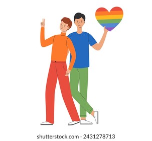 LGBT community. Men gays or bisexuals hug and hold rainbow heart. Pride parade. LGBTQ pride month. Vector illustration in flat style