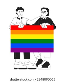 Lgbt community monochromatic flat vector characters. Editable thin line full body of people hold lgbtq rainbow pride flag on white. Simple bw cartoon spot image for web graphic design