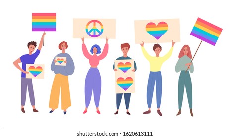 Lgbt community pride concept with people, men and women cartoon characters holding rainbow signs and flags, flat vector illustration isolated on white background.