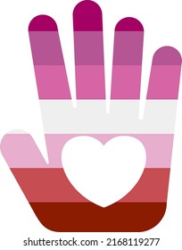 LGBT community. Pride day. Hand palm with heart in lesbian rainbow colors. Lesbian, gay and transgender. Gender identity.