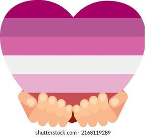 LGBT community. Pride day. Hand palm with heart in lesbian rainbow colors. Lesbian, gay and transgender. Gender identity.