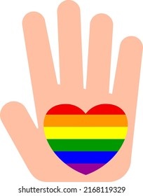 LGBT community. Pride day. Hand palm with heart in rainbow colors. Lesbian, gay and transgender. Gender identity.