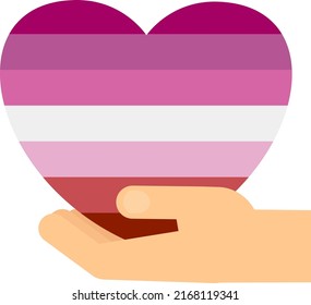 LGBT community. Pride day. Hand palm with heart in lesbian rainbow colors. Lesbian, gay and transgender. Gender identity.