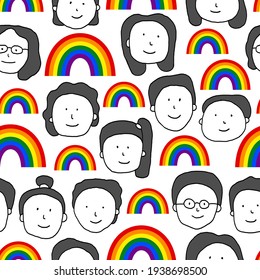 LGBT community. Pride month vector illustration. Seamless pattern with cartoon people and rainbows.