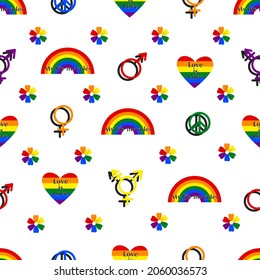 La comunidad LGBT se enorgullece de un patrón vectorial sin fisuras con arco iris, flores y signos de niñas transgénero, en un aislado fondo blanco. Amor, libertad. 