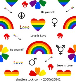 LGBT community pride vector seamless pattern. Heart, rainbow and flowers in lgbt communities palette. Gender signs on white isolated background. Sexual Identity, LGBT Rights and the Concept of Family.