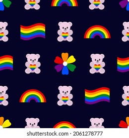 LGBT Community Stolz Vektor nahtloses Muster. Teddybär, der ein Herz in seinen Pfoten hält, ein Regenbogen, eine Fahne, eine Blume in der Palette der kleinen Gemeinden. Geschlechtsspezifische Zeichen auf dunklem, isoliertem Hintergrund. Sexuell 