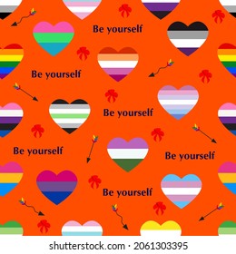 El vector del orgullo de la comunidad LGBT es un patrón sin fisuras. Corazones en la paleta de comunidades lgbt. Lesbiana, gay, transgénero, bisexual, asexual, pansexual, género en un contexto aislado de color naranja. 