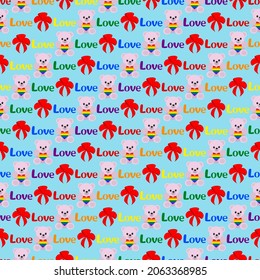 LGBT community pride vector seamless pattern. Teddy bear holding a heart in the palette of lgbt communities, bow and inscription love. 