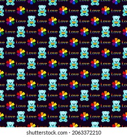 LGBT community pride vector seamless pattern. Teddy bear holds a heart in the palette of lgbt communities, a flower and the inscription love, on a dark background. 