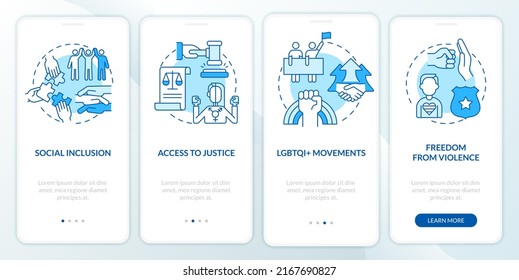 LGBT community programs blue onboarding mobile app screen. Walkthrough 4 steps editable graphic instructions with linear concepts. UI, UX, GUI template. Myriad Pro-Bold, Regular fonts used