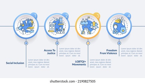 LGBT community programs circle infographic template. Diversity support. Data visualization with 4 steps. Editable timeline info chart. Workflow layout with line icons. Lato-Bold, Regular fonts used