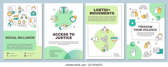 LGBT community programs green brochure template. Leaflet design with linear icons. Editable 4 vector layouts for presentation, annual reports. Arial-Bold, Myriad Pro-Regular fonts used