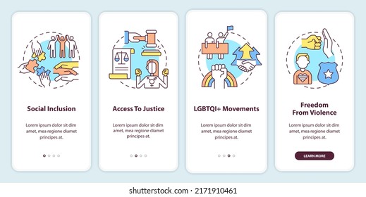 LGBT community programs onboarding mobile app screen. Walkthrough 4 steps editable graphic instructions with linear concepts. UI, UX, GUI template. Myriad Pro-Bold, Regular fonts used