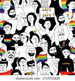 LGBT community. Seamless pattern with a group of people participating in a Pride parade. LGBTQ. Doodle vector background