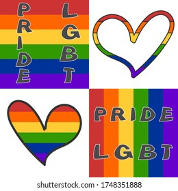 LGBT community square flags with inscriptions LGBT and pride of gray color and one heart and heart outline colors of the LGBT flag on a white background