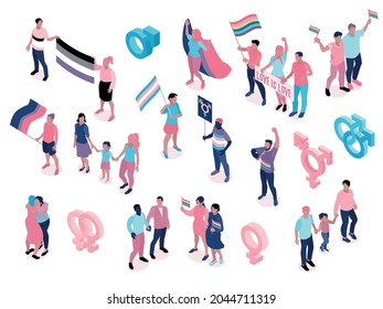 LGBT community symbols gay activists pride day celebrations parade rainbow flags homosexual parents isometric elements set vector illustration