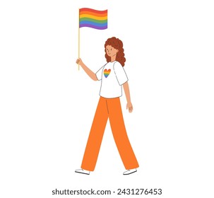 LGBT community. Woman lesbian or bisexual hold rainbow flag. Pride parade. LGBTQ pride month. Vector illustration in flat style 