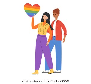 LGBT-Gemeinschaft. Frauen Lesben oder Bisexuelle umarmen und halten Regenbogenherz. Pride-Parade. In: LGBTQ Pride Month. Vektor-Illustration im flachen Stil 