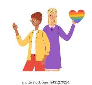 LGBT community. Women lesbians or bisexuals hug and hold rainbow heart. Pride parade. LGBTQ pride month. Vector illustration in flat style 