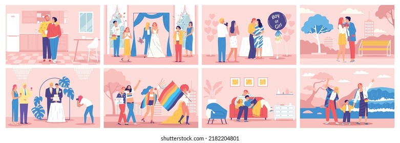 lgbt composition set vector scenes from the lives of homosexual couples of women and men illustration