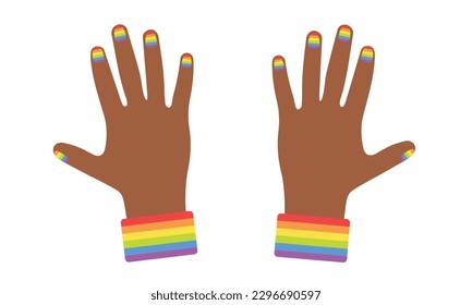 LGBT concept. Africans hands with rainbow on nail. LGBT equal rights movement and gender equality concept. Vector illustration