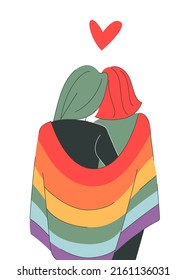 LGBT Concept. Bisexual Couple Hugging And Holding Lgbt Flag. LGBT Rainbow Flag. Vector Illustration In Flat Cartoon Style. Love Concept. Gay Parade, Pride Month.