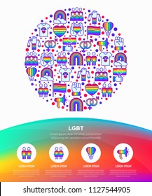 LGBT concept in circle with thin line icons: gay, lesbian, rainbow, coming out, free love, flag, support, stop homophobia, LGBT rights, pride day. Modern vector illustration, web page template.