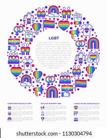 LGBT concept in circle with thin line icons: gay, lesbian, rainbow, coming out, free love, flag, support, stop homophobia, LGBT rights, pride day. Modern vector illustration, web page template.