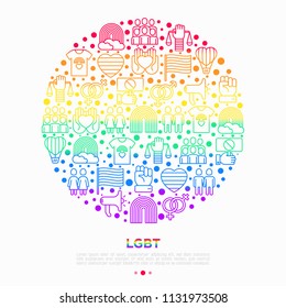 LGBT concept in circle with thin line icons: gay, lesbian, rainbow, coming out, free love, flag, support, stop homophobia, LGBT rights, pride day. Modern vector illustration for print media.