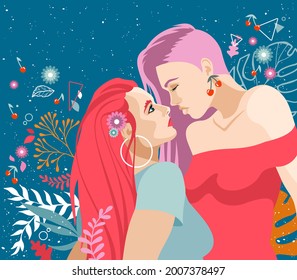 LGBT concept. Cute young romantic couple in love. Love relationships, togetherness. Vector hand-drawn colorful illustration.