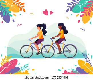 LGBT Concept. Female Gay Couple Riding On A Tandem Bicycle. Vector Illustration