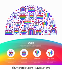 LGBT concept in half circle with thin line icons: gay, lesbian, rainbow, coming out, free love, flag, support, stop homophobia, LGBT rights, pride day. Modern vector illustration, web page template.