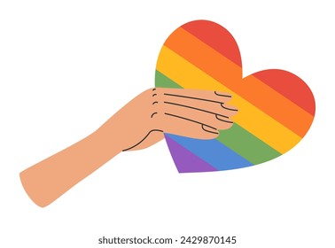 LGBT concept. Hand holding rainbow heart. LGBTQ pride community. Vector illustration in hand drawn style 