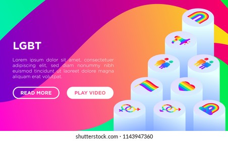 Concepto LGBT con iconos isométricos de línea delgada: gay, lesbiana, arco iris, salir, amor libre, bandera, apoyo, derechos LGBT, Día del Orgullo. Ilustración vectorial moderna, plantilla de página web en fondo degradado.