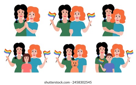 LGBT concept. Lesbian married couple. Women adopted boy or girl. Holding multicolored flag Pride Parade and hugging. Colorful vector illustration in flat style.