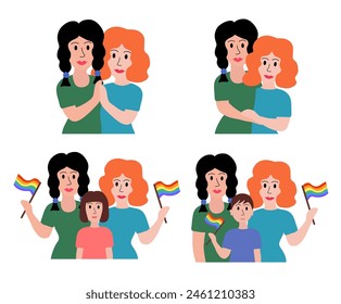 LGBT concept. Lesbian married couple. Women adopted boy or girl. Holding multicolored flag Pride Parade and hugging. Vector illustration in flat style.