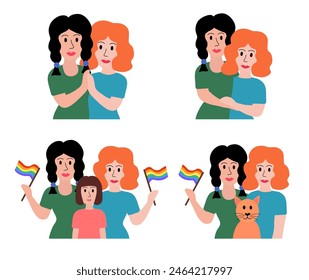 LGBT concept. Lesbian married couple. Women adopted girl. Holding multicolored flag Pride Parade and hugging. Colorful vector illustration in flat style.