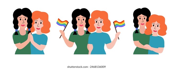 LGBT concept. Lesbian married couple. Women Holding multicolored flag Pride Parade and hugging. Vector illustration in flat style.