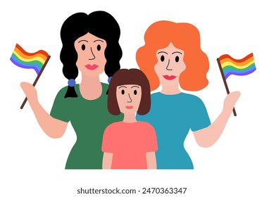 LGBT concept. Lesbian married couple. Women adopted girl. Holding multicolored flag Pride Parade. Vector illustration in flat style.