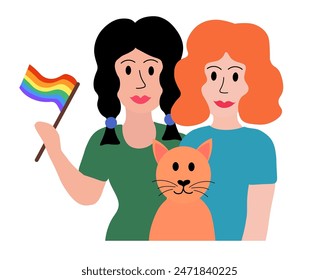 LGBT concept. Lesbian married couple. Women with cat. Holding multicolored flag Pride Parade. Vector illustration in flat style.