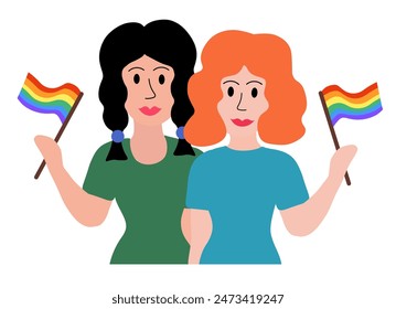 LGBT concept. Lesbian married couple. Women Holding multicolored flag Pride Parade. Vector illustration in flat style.