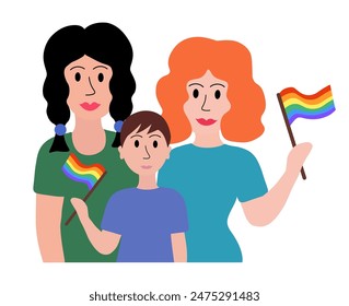 LGBT concept. Lesbian married couple. Women adopted boy. Holding multicolored flag Pride Parade. Vector illustration in flat style.