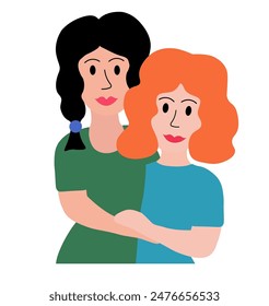 El concepto LGBT. Pareja lesbiana casada. Mujeres abrazándose. Ilustración vectorial en estilo plano.